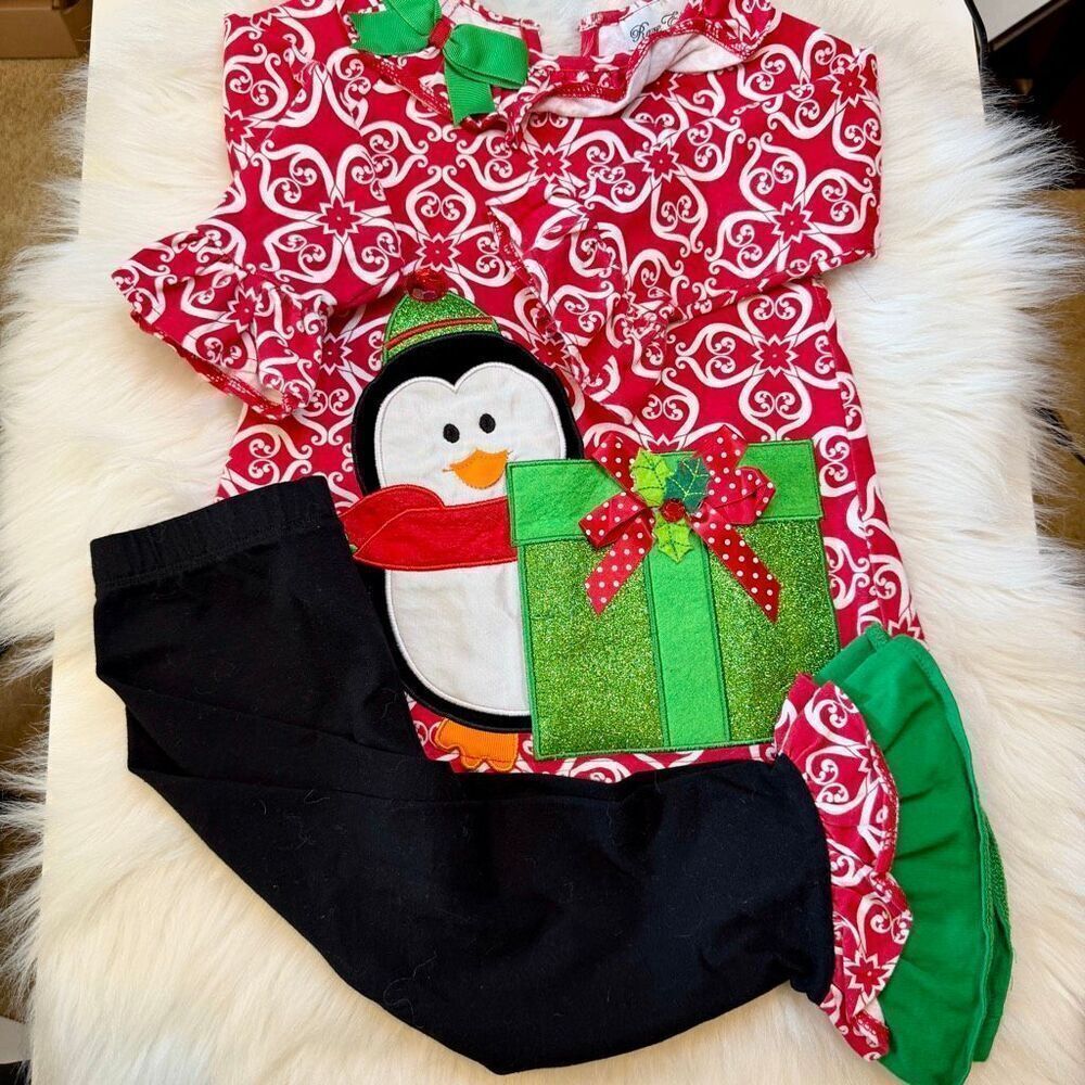 Rare Editions Girls Penguin Present Glitter Top & Flair Pants Set 3T Preowned
